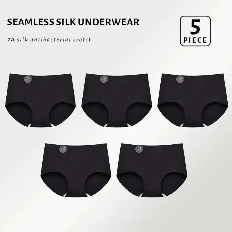 5-piece seamless mulberry silk panties set in black; ultra-thin, high-elastic, breathable briefs