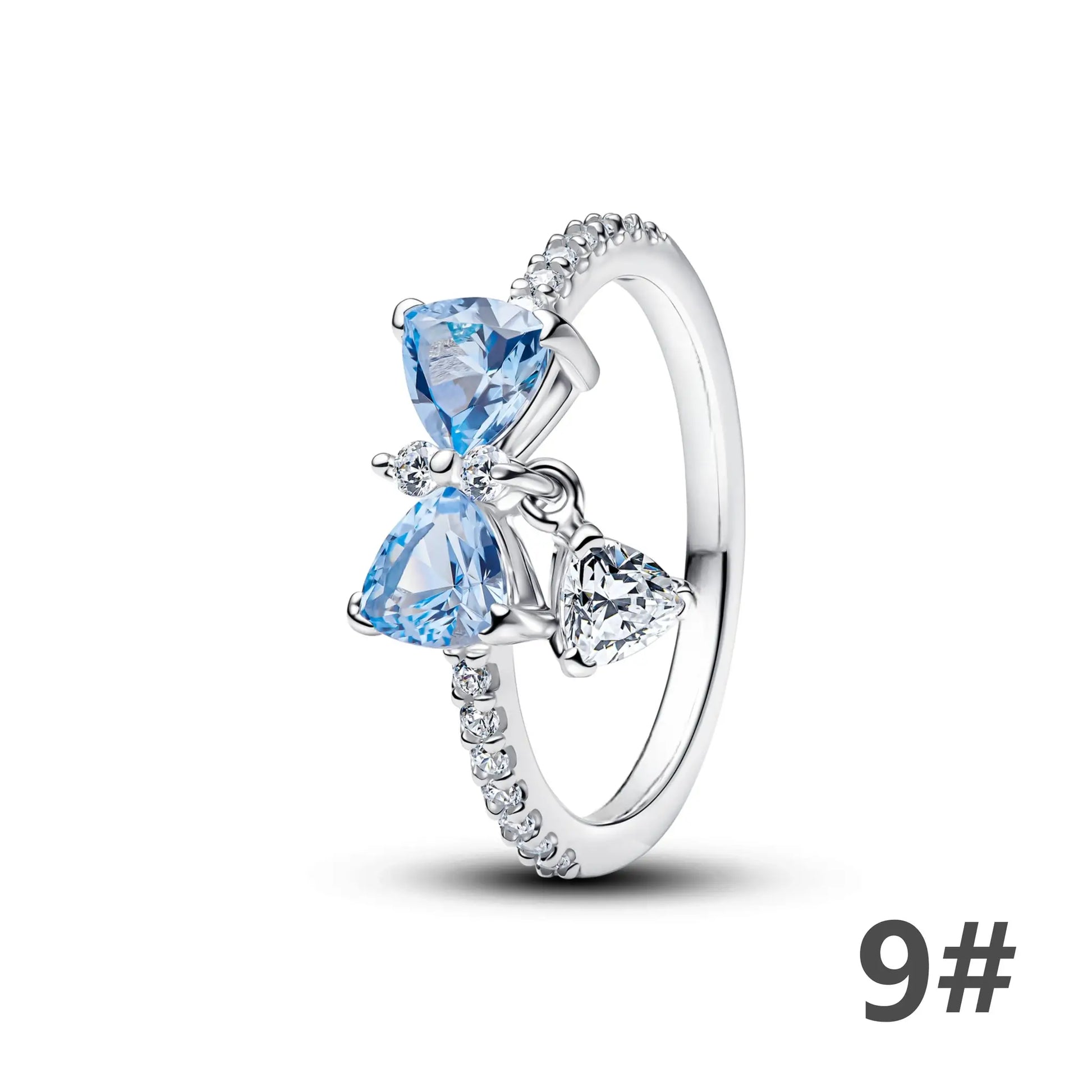 Ring, 925 silver with blue gemstone and pave diamonds along the band