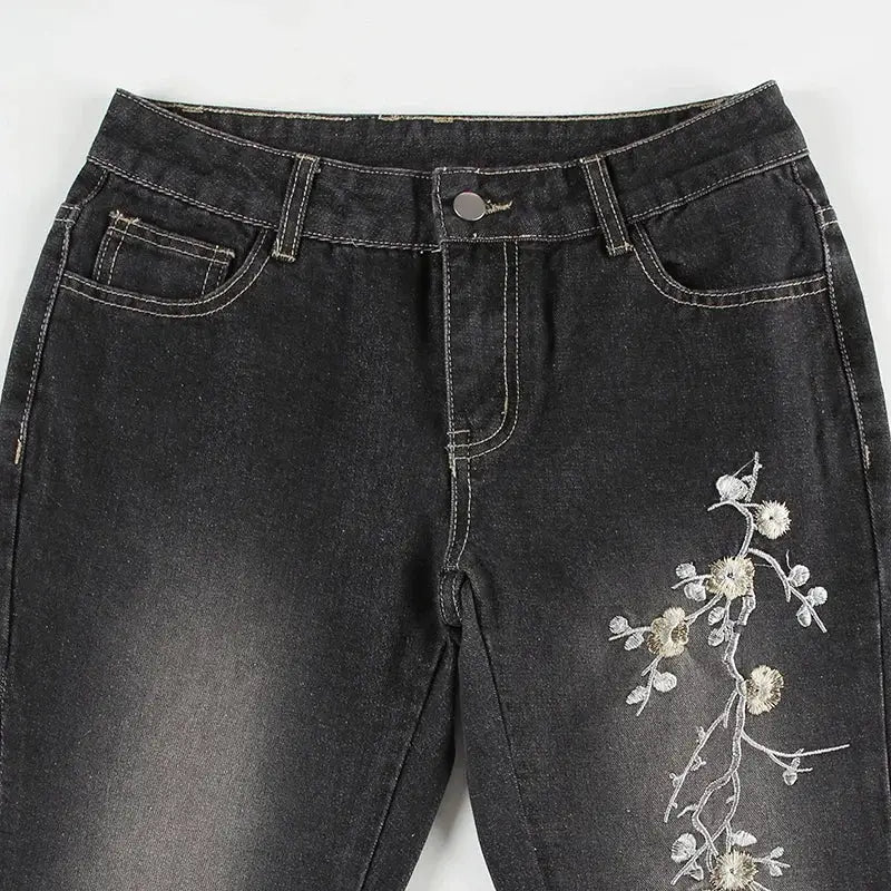 Weekeep Floral Embroidery Jeans Y2K Vintage Low Rise Flared Denim