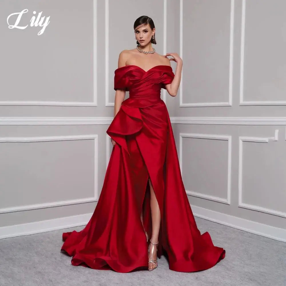 Lily Red Satin Prom Gown Off Shoulder Party Dress Pleated Side Split