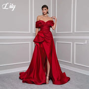 Lily Red Satin Prom Gown Off Shoulder Party Dress Pleated Side Split