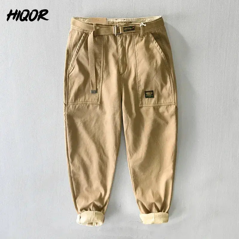 HIQOR cargo pants for men, beige 100% cotton fleece outdoor trousers with belt, Simples Market