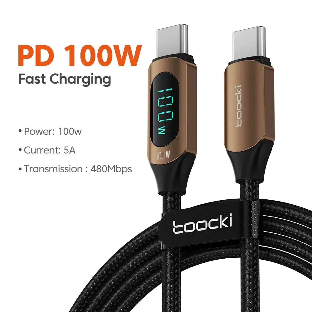 Toocki USB-C to USB-C 100W PD charging cable with gold housing, braided black cord, Simples Market