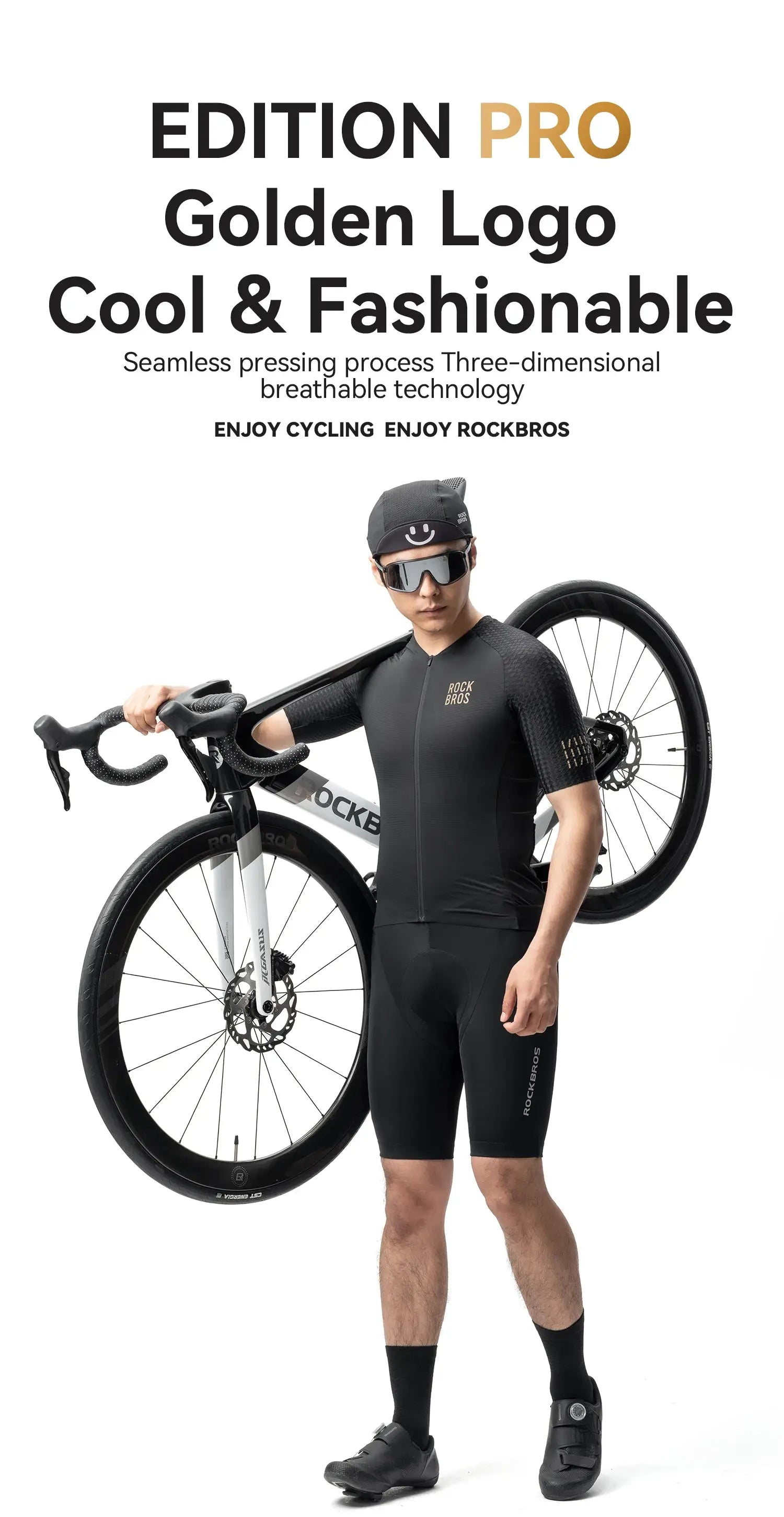 ROCKBROS men's black short-sleeve cycling kit with logo, man carrying a road bicycle