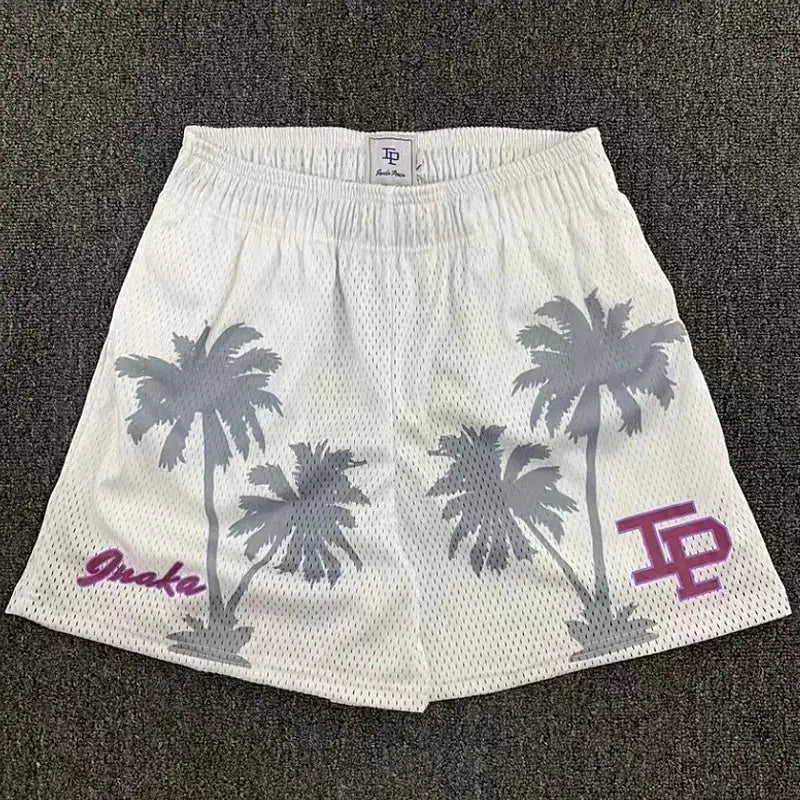 Mens mesh shorts IP Trend with palm tree print on white fabric, purple logo accents