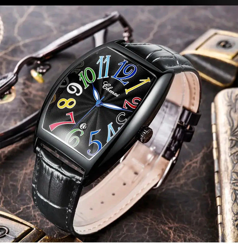 CHENXI men's watch with curved glass, colorful multicolor numerals, black leather strap
