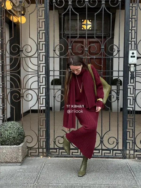 Hirsionsan Two Piece Set Women Polo Neck Cardigan And Midi Dress