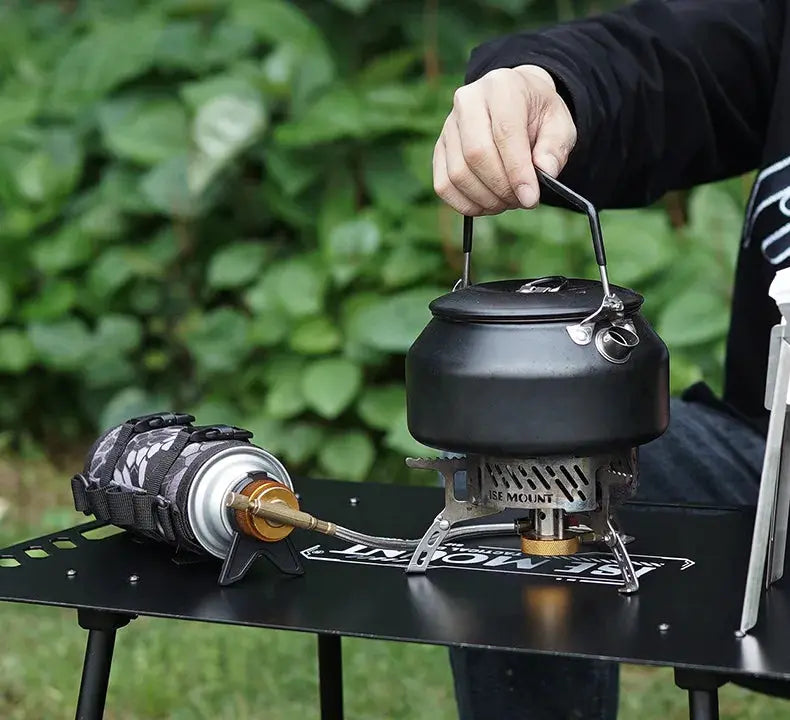 Butane adapter with bracket for camping stove, brass connector attached to a canister