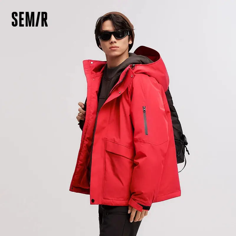Semir men's red hooded down jacket, mid-length with zip chest pocket; SEM/R logo visible