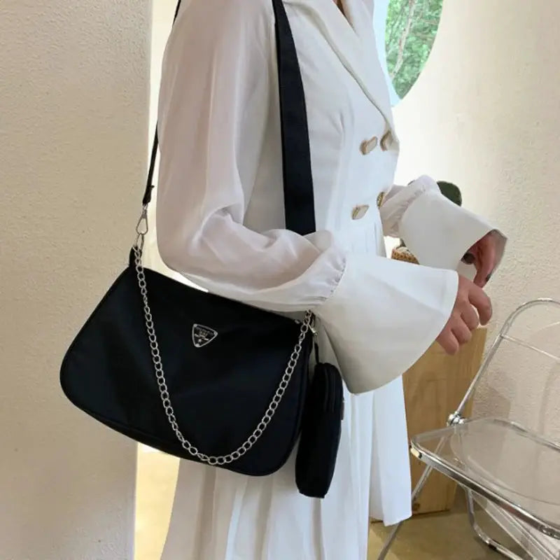 VoyageNyl Nylon Shoulder Bag Set Two Piece Solid Color Handbags With Chain Straps For Daily Use And Travel