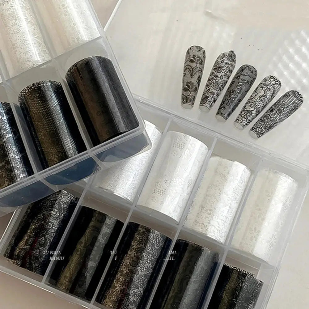 Simples Market 10-roll black and white lace nail transfer stickers for full-wrap decals and DIY French manicure.