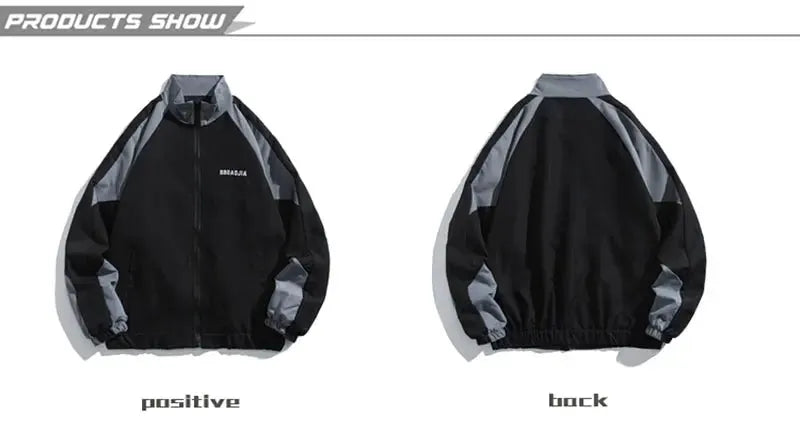 Simples Market hip hop varsity windbreaker jacket in black with gray patchwork, front and back views