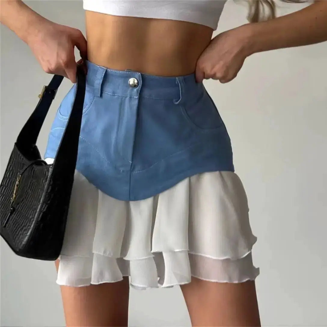 Chic Ruffles blue high-waisted layered skirt with white tiered underlay