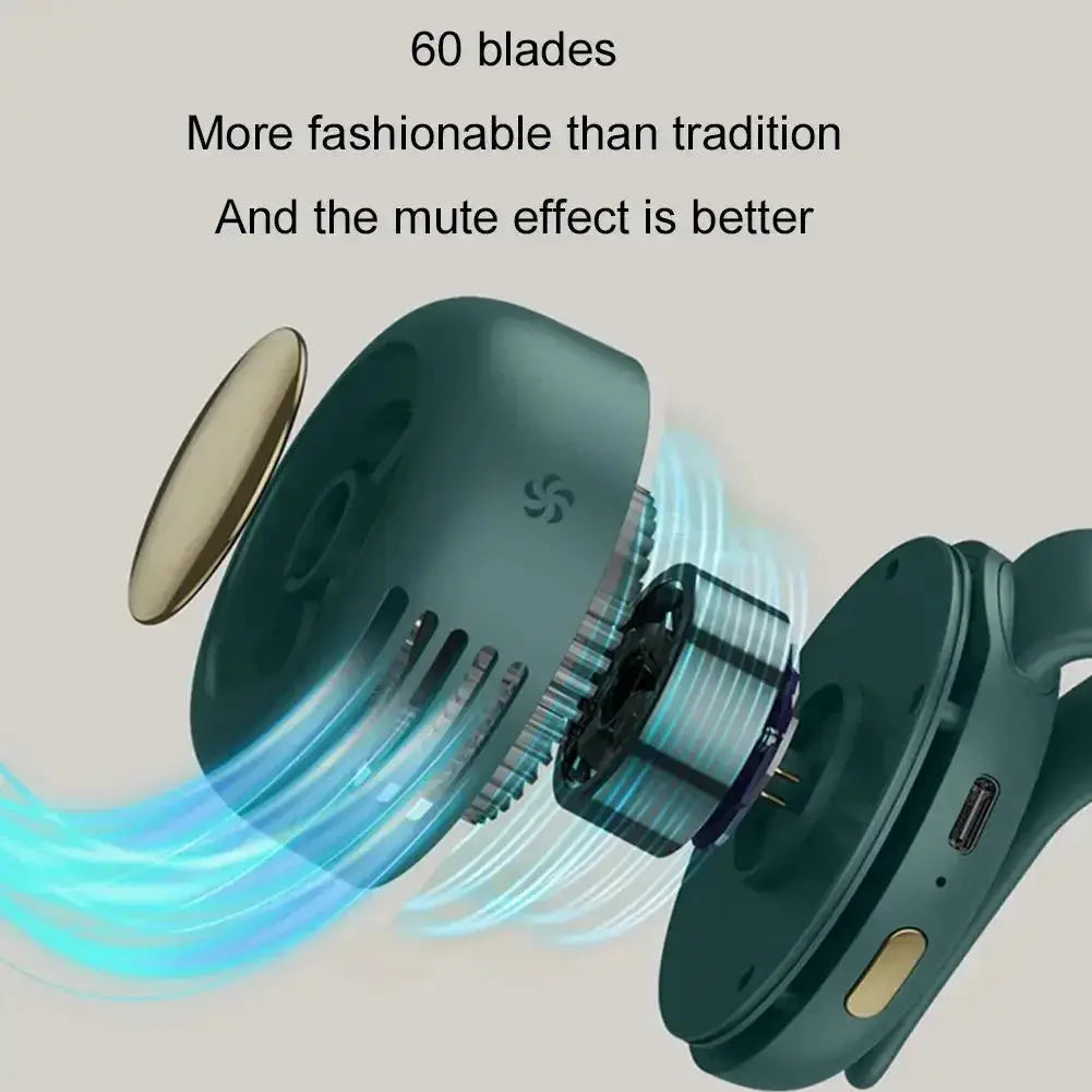 Portable bladeless clip-on mini fan in teal, 3-speed adjustable by Simples Market