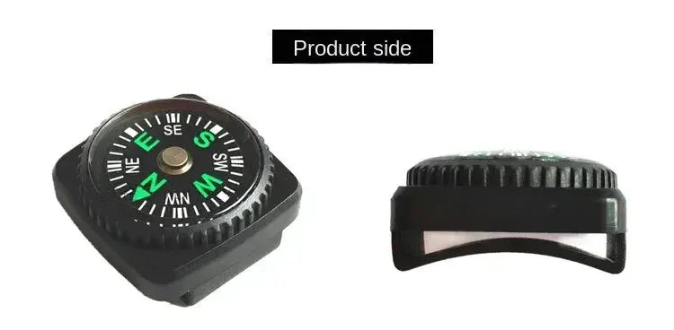 Small outdoor compass with black plastic square case, green dial, and strap; two views shown.