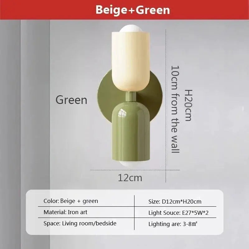 Nordic LED wall lamp beige and green with dual heads, iron art fixture for living room or bedside.
