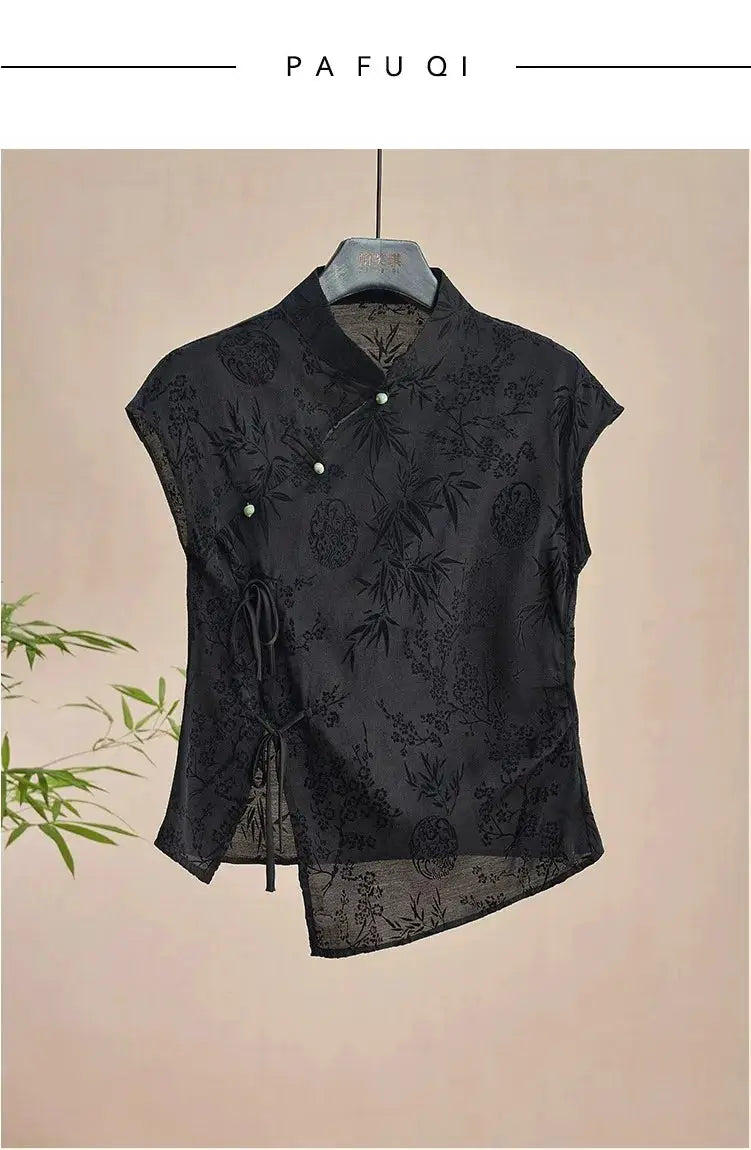 Simples Market cheongsam-style black jacquard top with mandarin collar, short sleeves, and side tie