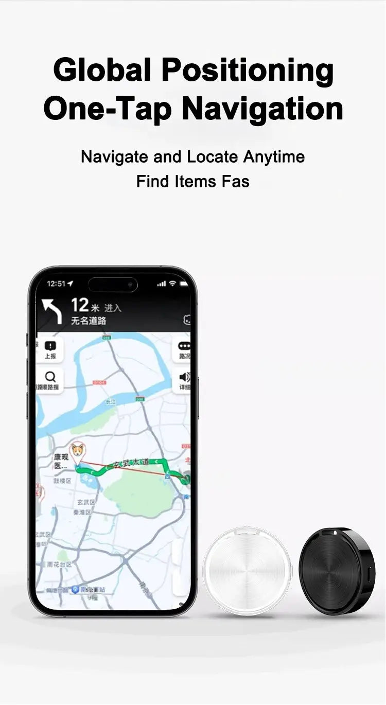 Bluetooth GPS tracker keychain, Android-compatible; two circular trackers in black and silver beside a smartphone map.