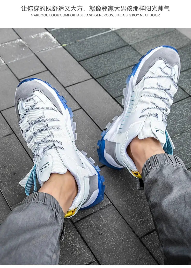 Pair of men's sneakers by Simples Market in white and blue with a chunky outsole; breathable casual trainers.