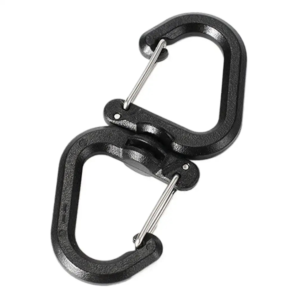 Double clip carabiner set in black metal with 360-degree swivel for outdoor use
