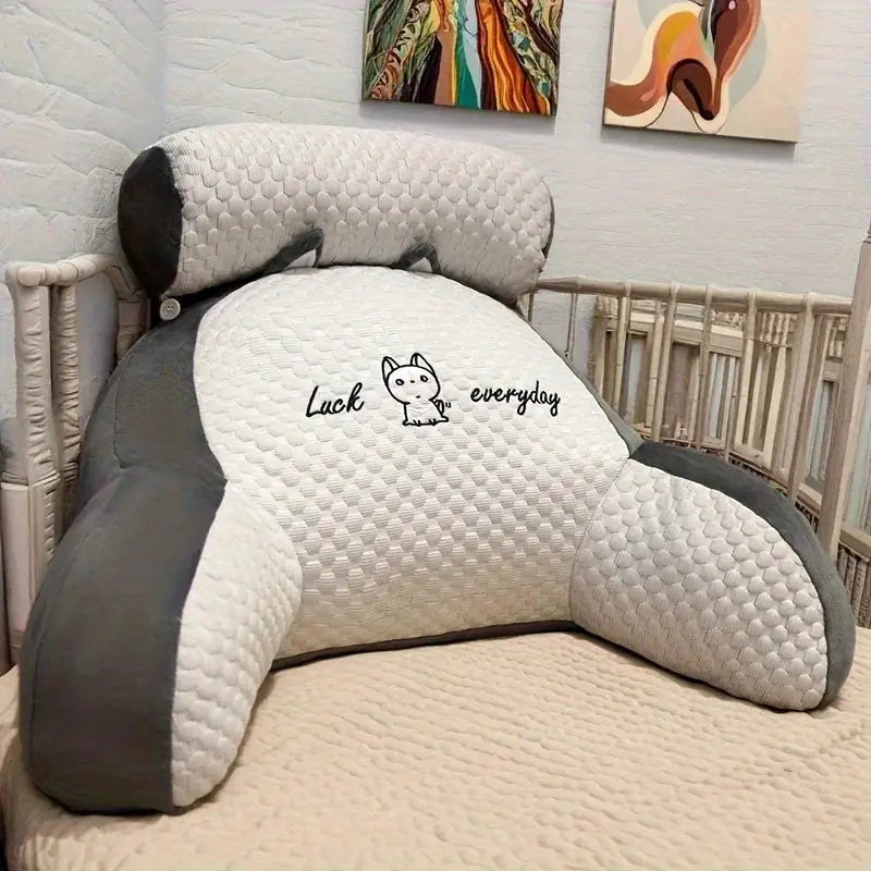 1pc adjustable reading pillow with back support in gray quilted fabric; cat embroidery.