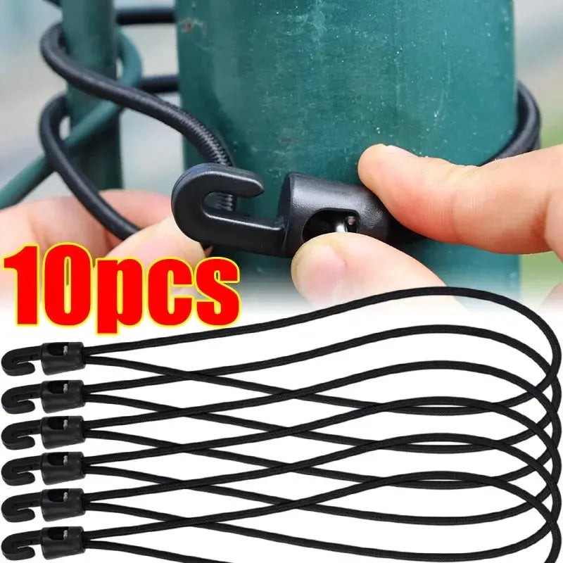 10 pcs black bungee cords with hooks for camping tarpaulin, elastic tie-down set