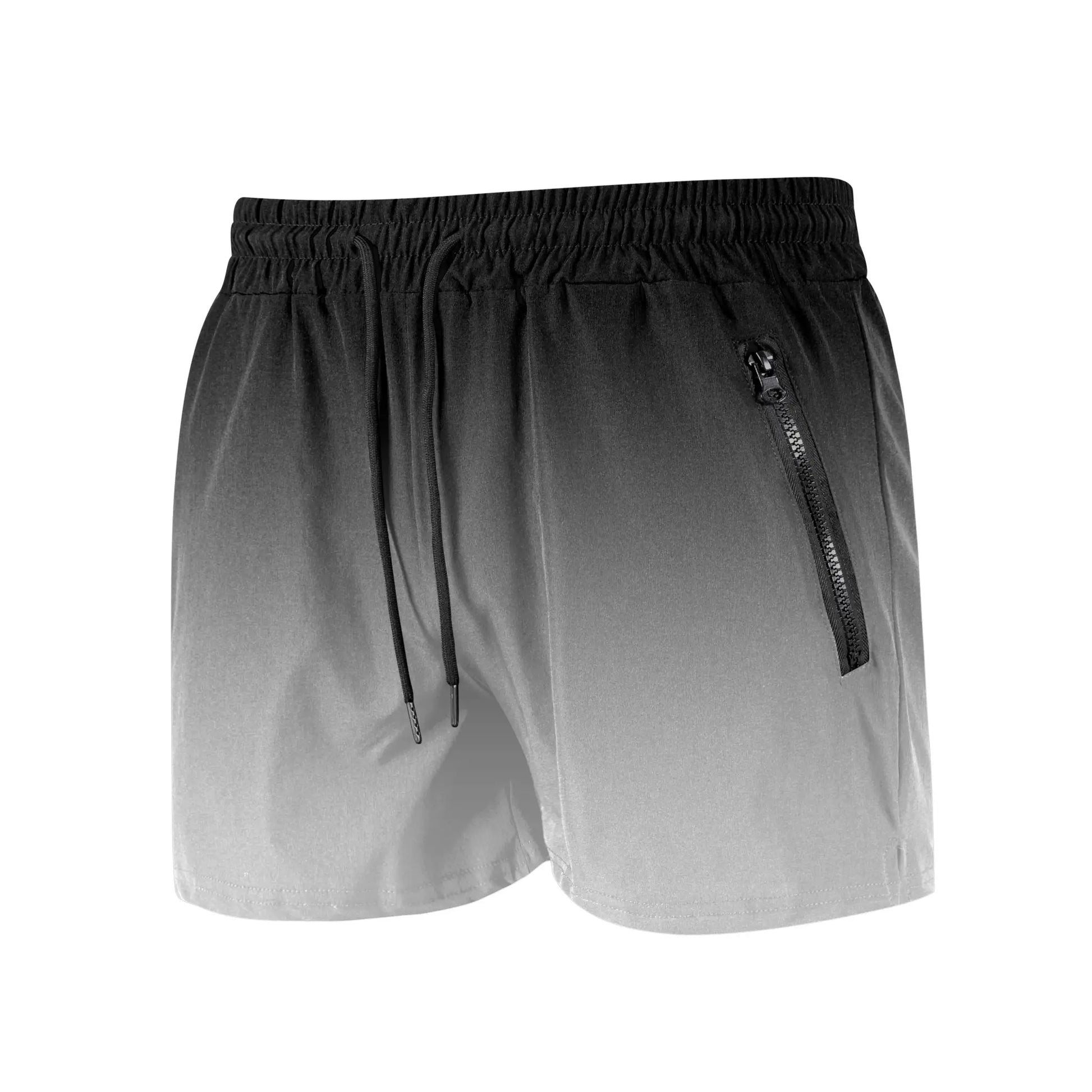 Men's swim trunks gradient black to grey with drawstring waist and zip pocket