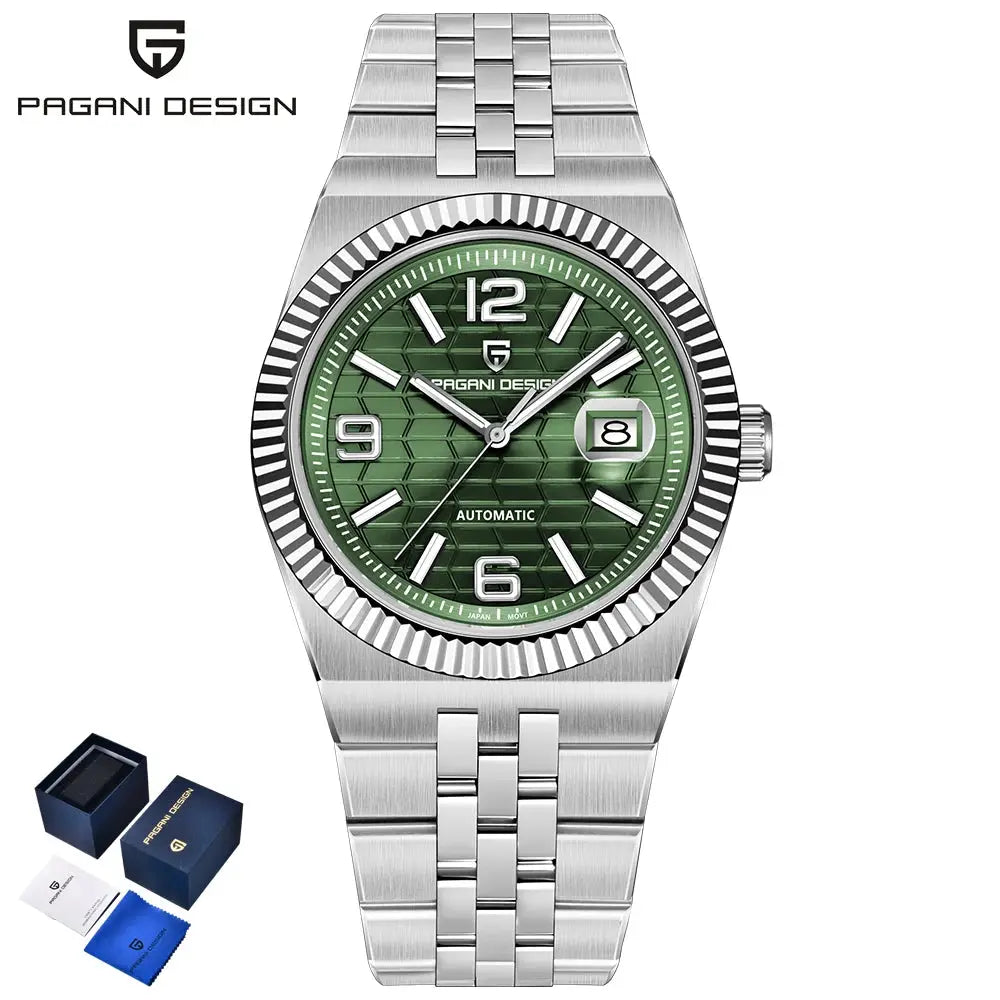 Pagani Design men's automatic watch with green 3D rhombus dial, stainless steel bracelet; boxed set (2 items)