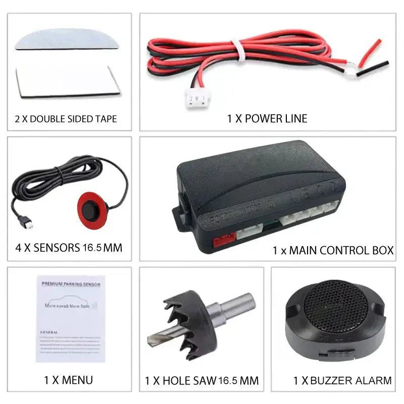 Simples Market 12V 16.5mm flat-probe parking sensor kit with 4 sensors, buzzer, main control box, power lead, tape