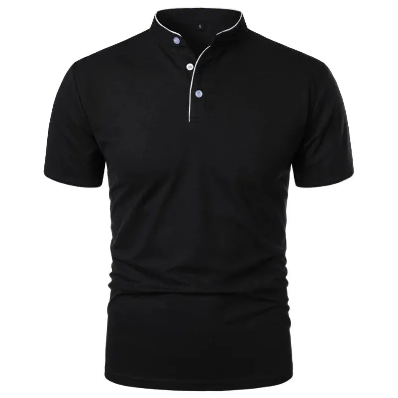 Men's black short-sleeve polo shirt by Simples Market with white piping on the collar and placket.