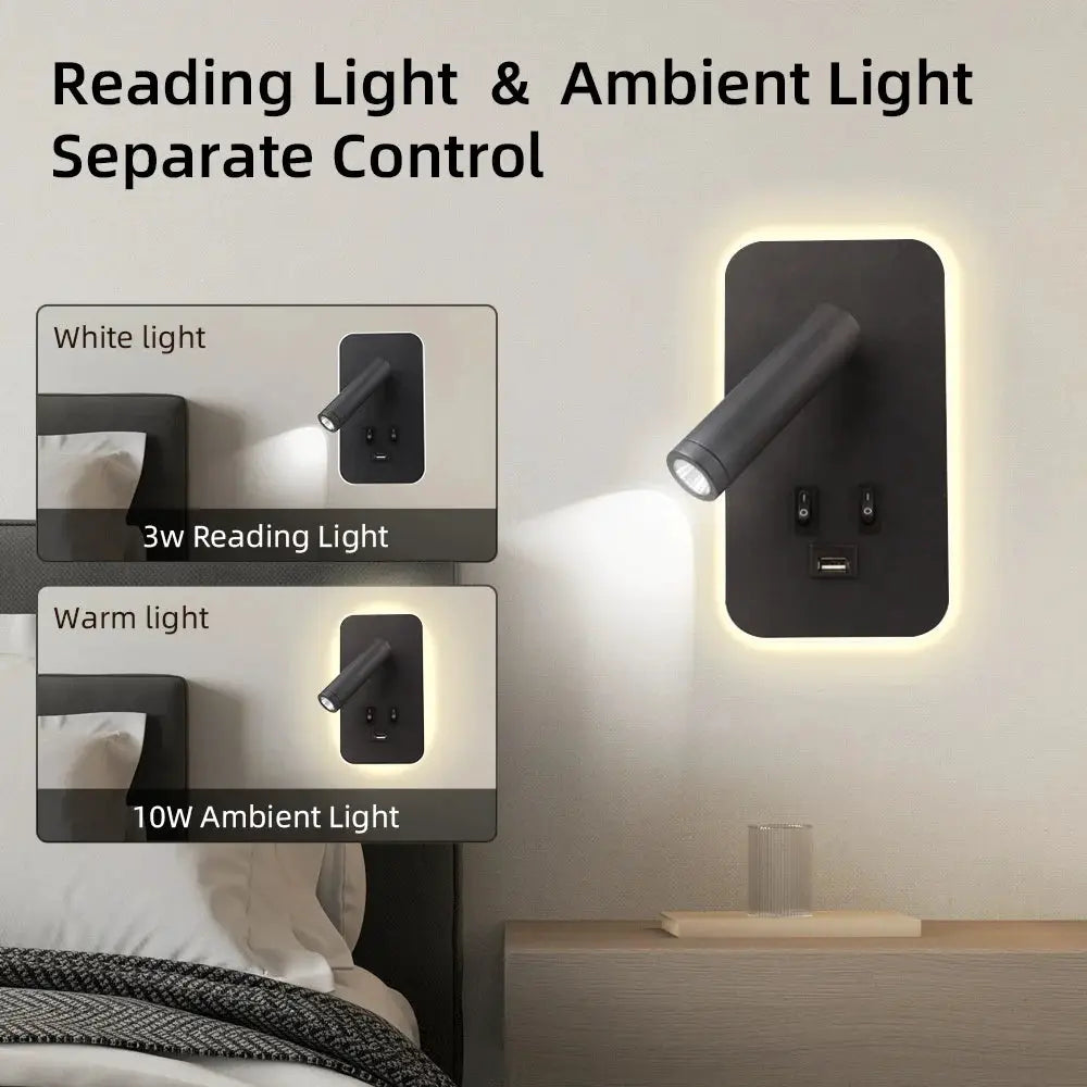 Chargeable USB wall lamp by Simples Market, rotatable head, black bedside LED wall sconce with ambient backlight.