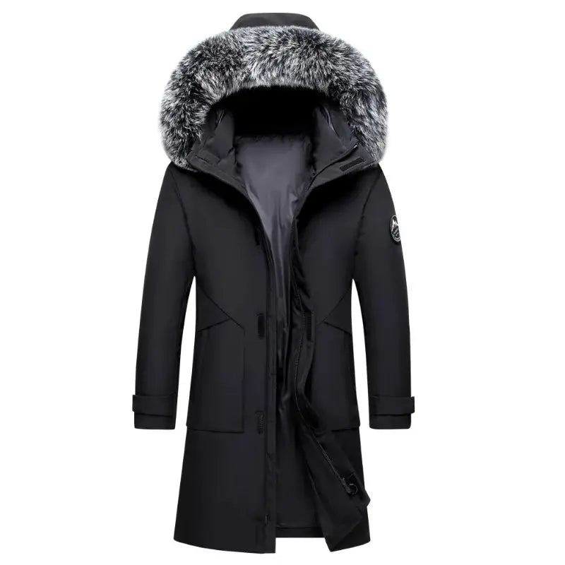 Men's black windproof down parka with fur-trimmed hood, multiple pockets, Simples Market