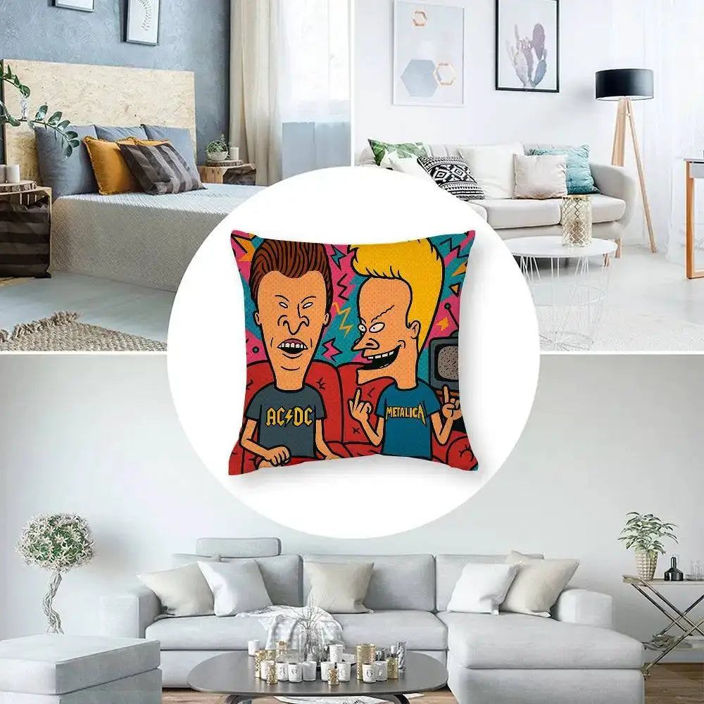 Beavis and Butt-Head pillow cover, square plush throw pillow with double-sided cartoon print for sofa decor