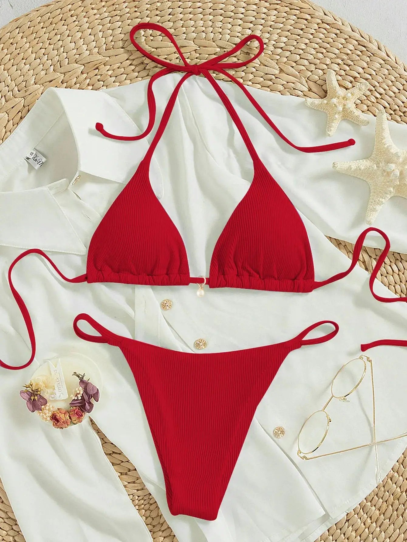 Simples Market 2026 triangle bikini set in red ribbed fabric with push-up triangle top and Brazilian bottoms