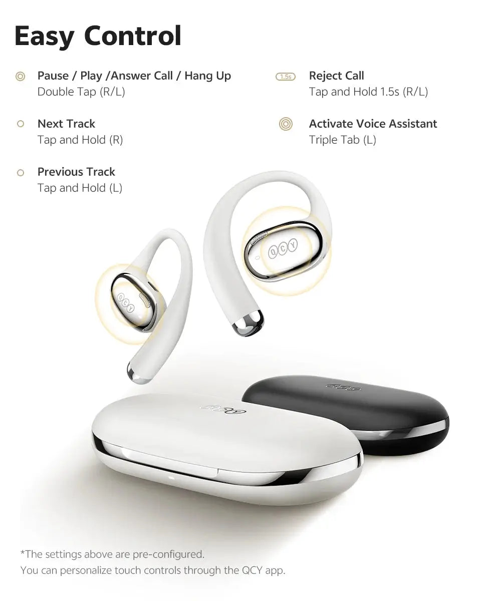 QCY Crossky R70 open-ear wireless headphones with white and black charging cases (two earbuds) Simples Market