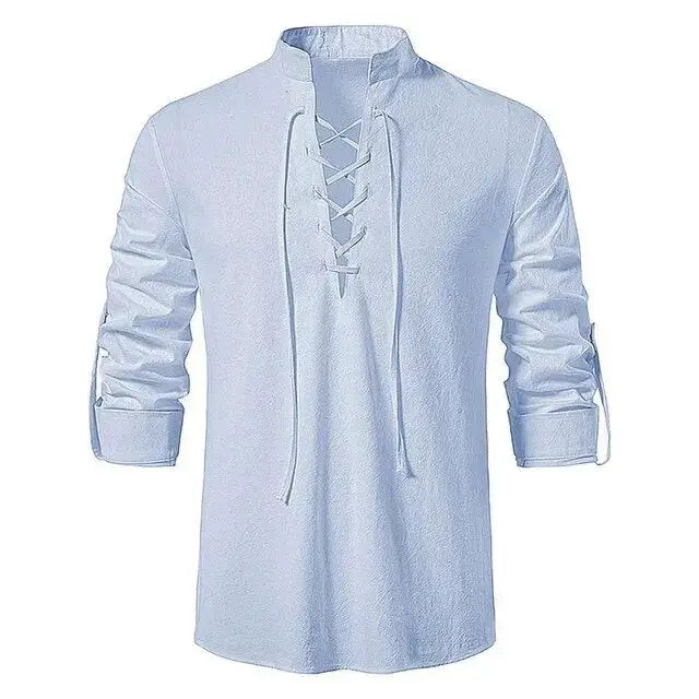 King Billion Mens Cotton Linen Long Sleeve Shirt Vintage English Style With Drawstring Neck US Size Spring Autumn