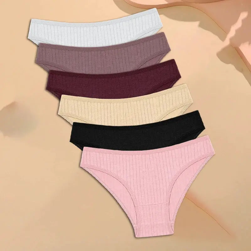 Women's cotton striped briefs, 6-piece set in light blue, gray, burgundy, beige, black, and pink.