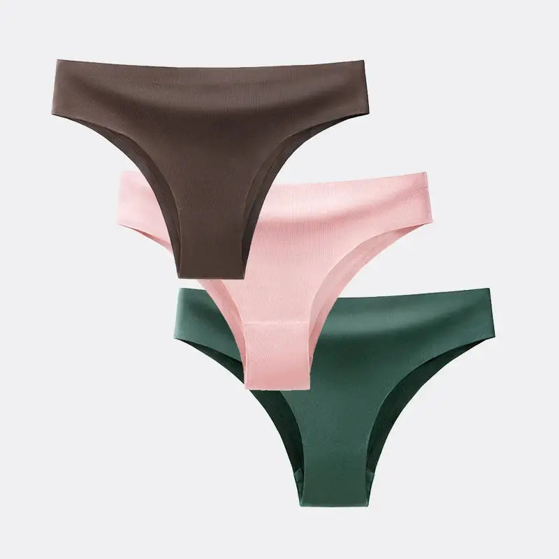 BANNIROU 3-pack women's seamless ice silk T-back thong underwear in brown, pink, and green.