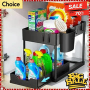 Two Tier Kitchen Sink Organizer Sliding Cabinet Basket With Hooks Hanging Cup Space Saving Rack For Kitchen And Bathroom