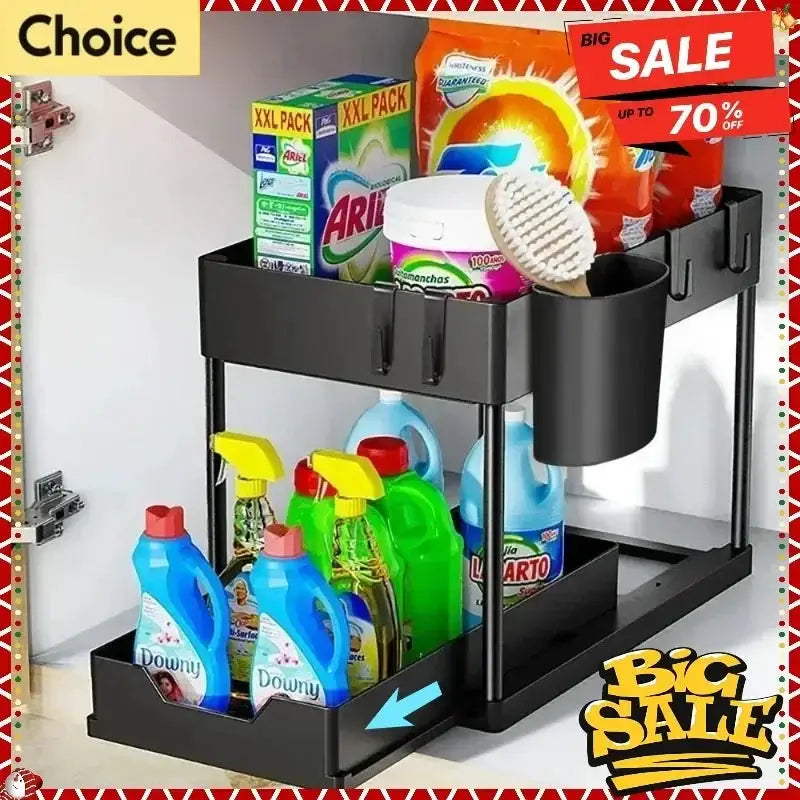 Two Tier Kitchen Sink Organizer Sliding Cabinet Basket With Hooks Hanging Cup Space Saving Rack For Kitchen And Bathroom