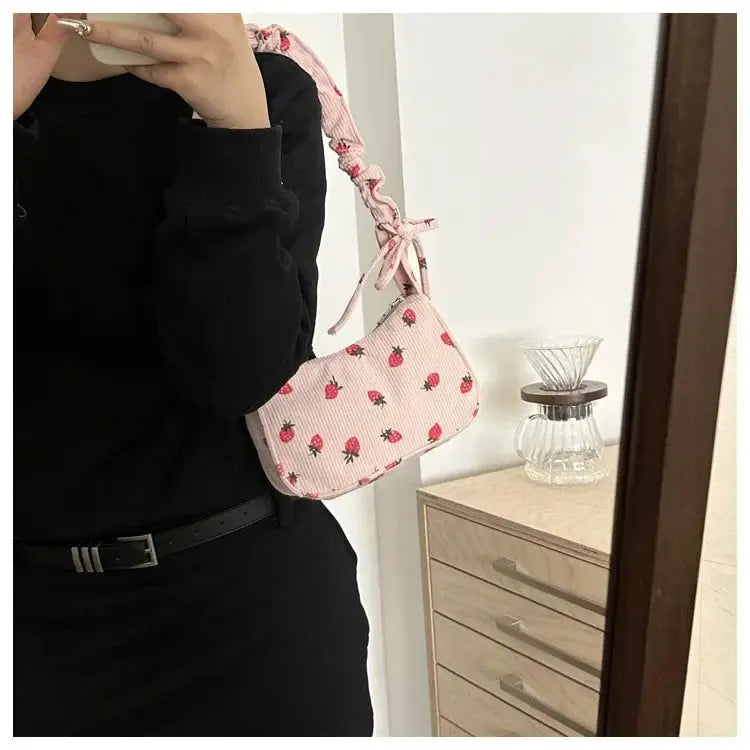 Women’s small underarm bag by Simples Market, pink corduroy with strawberry print, half-moon mini shoulder tote.