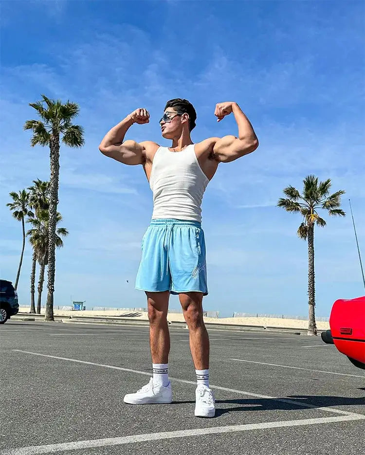 Trend Men's Mesh Beach Swim Shorts, quick-dry blue loose-fit for gym and running.
