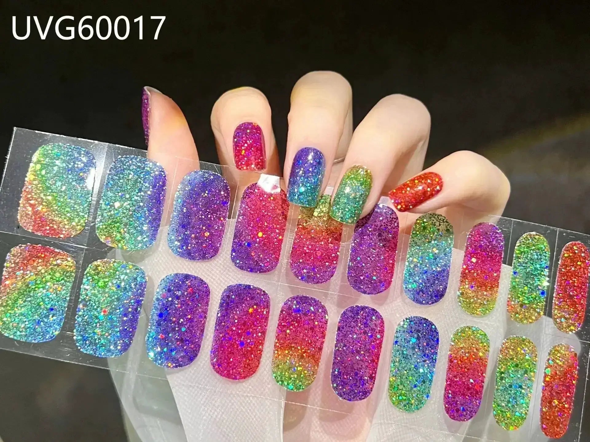 Simples Market glitter gel nail wrap set; full-cover rainbow holographic strips for DIY UV lamp manicure