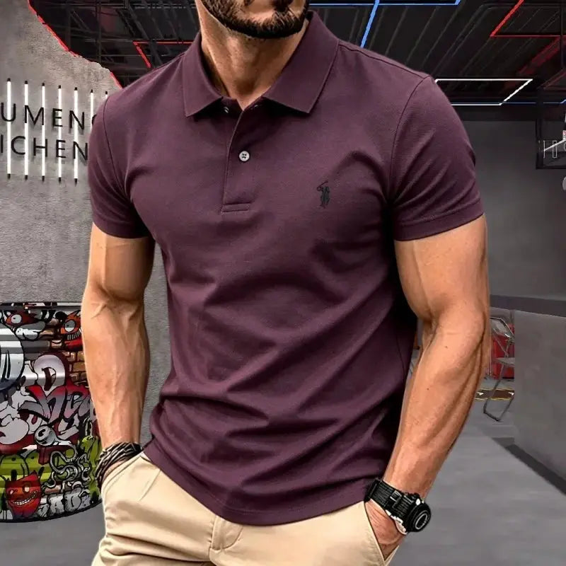 Men's maroon cotton polo shirt with short sleeves and pony embroidery