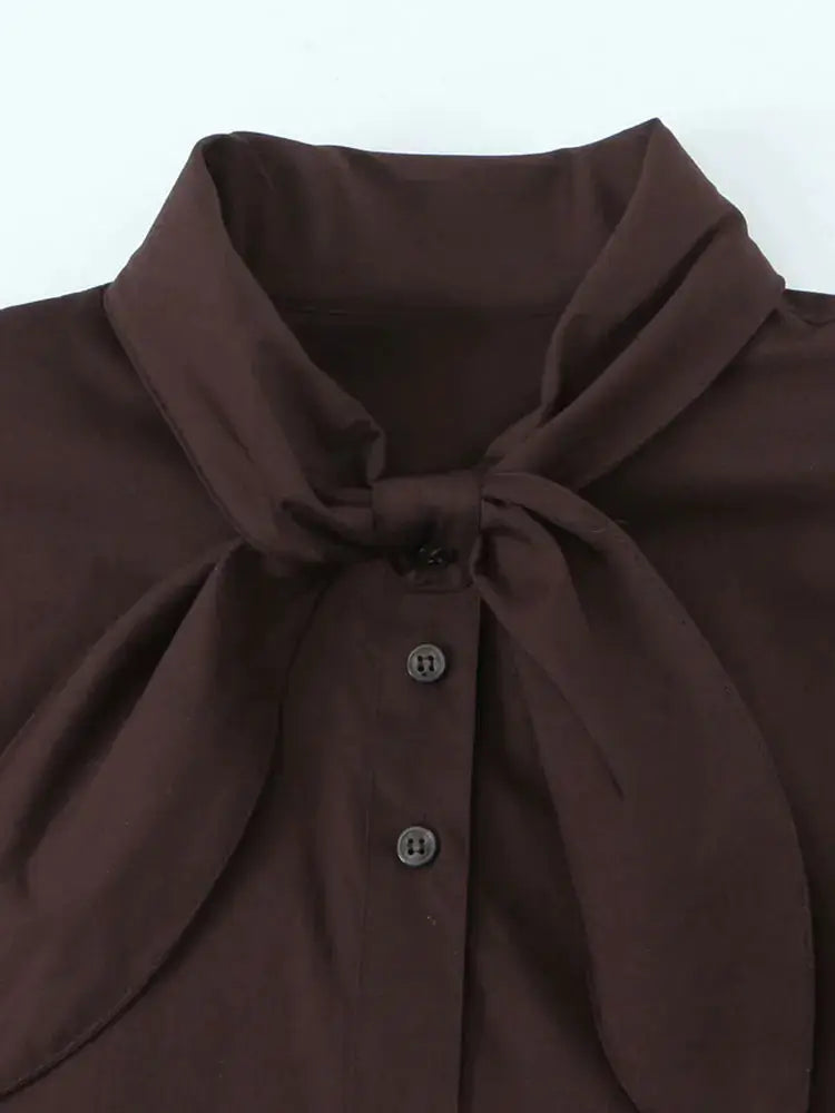 NLZGMSJ woman scarf shirt in brown with neck tie, button-front, full sleeves, Simples Market