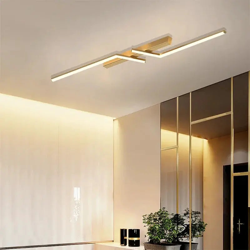 Modern LED ceiling light with gold luster finish and twin linear bars