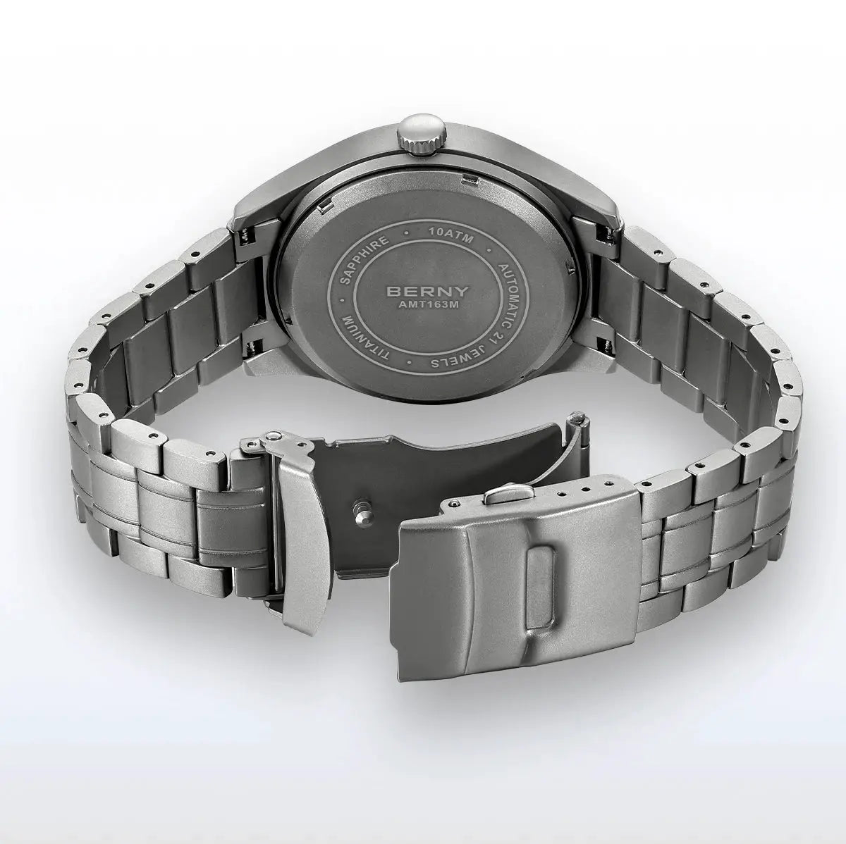 BERNY titanium automatic men's watch with metal link bracelet and deployment clasp