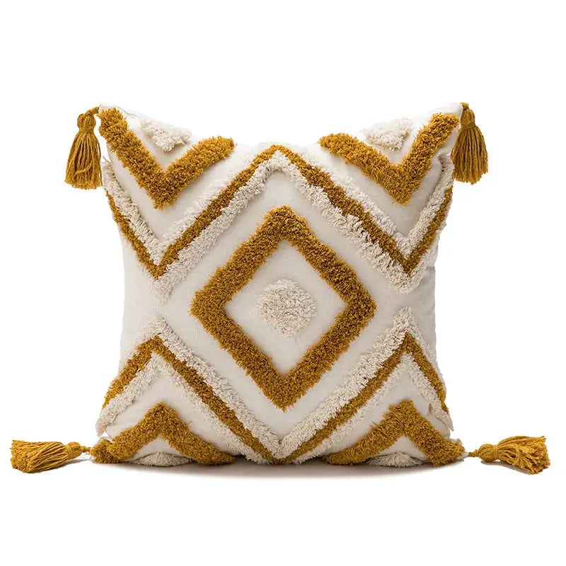 Pillow cover, white base with mustard yellow tufted diamond pattern and tassels, 45x45cm, boho decor