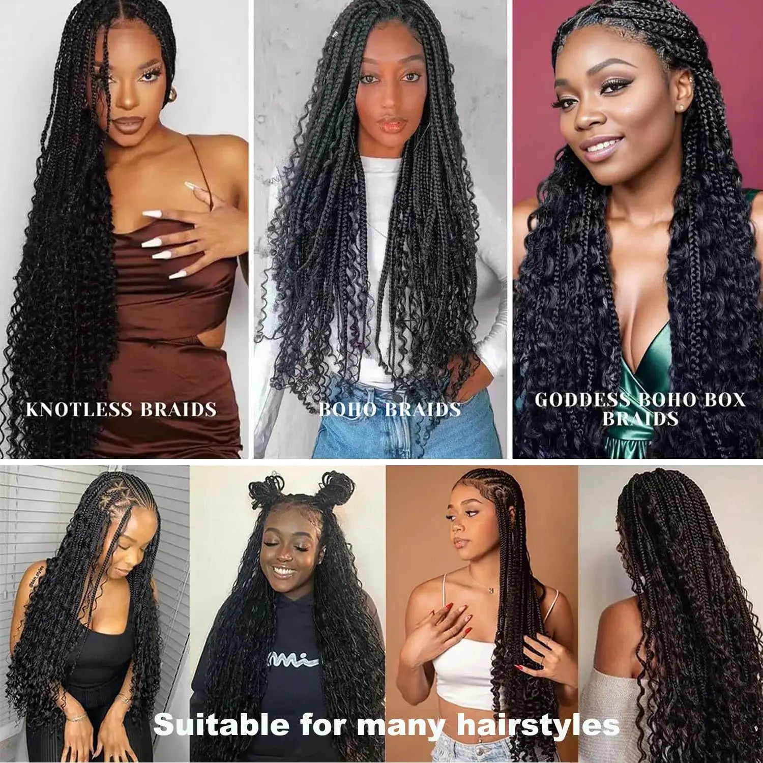 Human braiding hair deep wave bulk by Simples Market; collage shows knotless, boho, and goddess box braid styles.