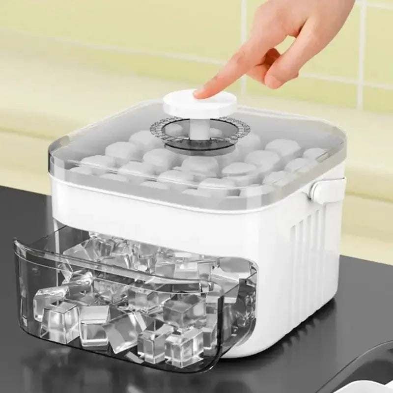 50-grid press-type double-layer ice cube mold with lid, white unit and clear ice drawer.